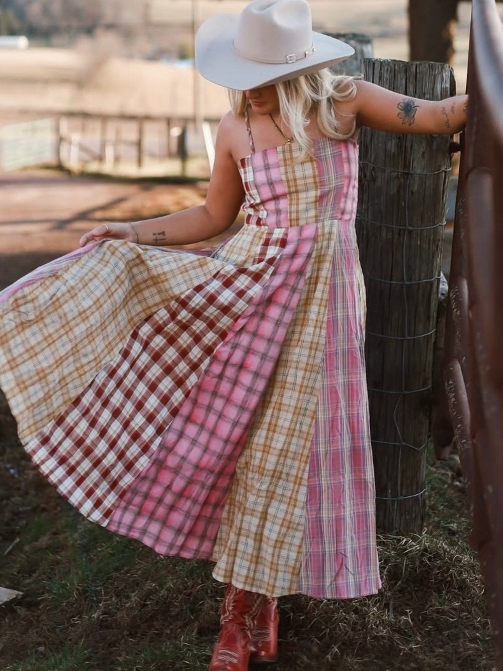 Shop Ivory Buck GiGio Pink Patchwork Plaid Square Neck Western Charm Midi Dress